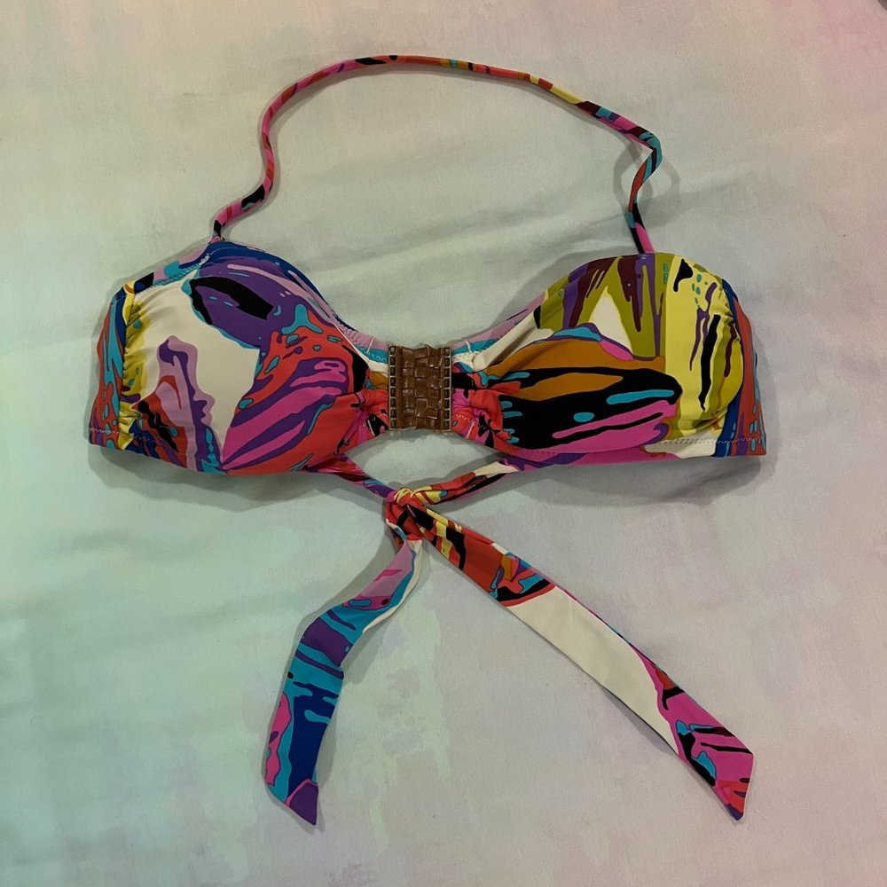 EUC ABS Colorful Abstract Print Bandeau Top with Leather Accent Sz 6 - Picture 2 of 7